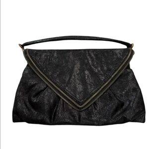 Matt&Nat Black Vegan Large Enveloppe Clutch Zipper Trim Shoulder Satchel handBag